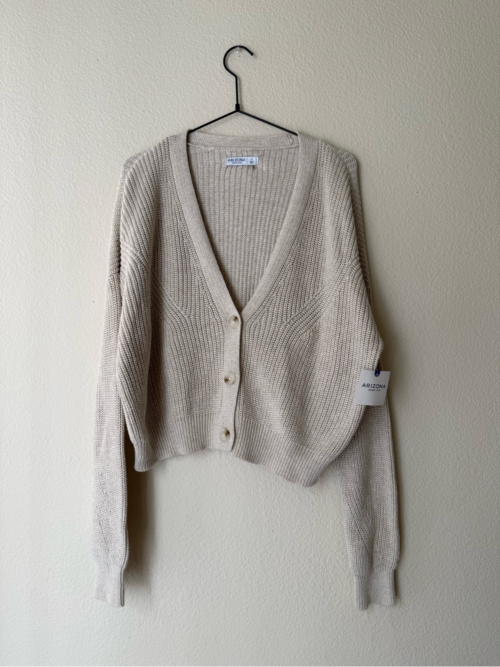 Arizona Jean Company Beige Cropped V-Neck Button Cardigan